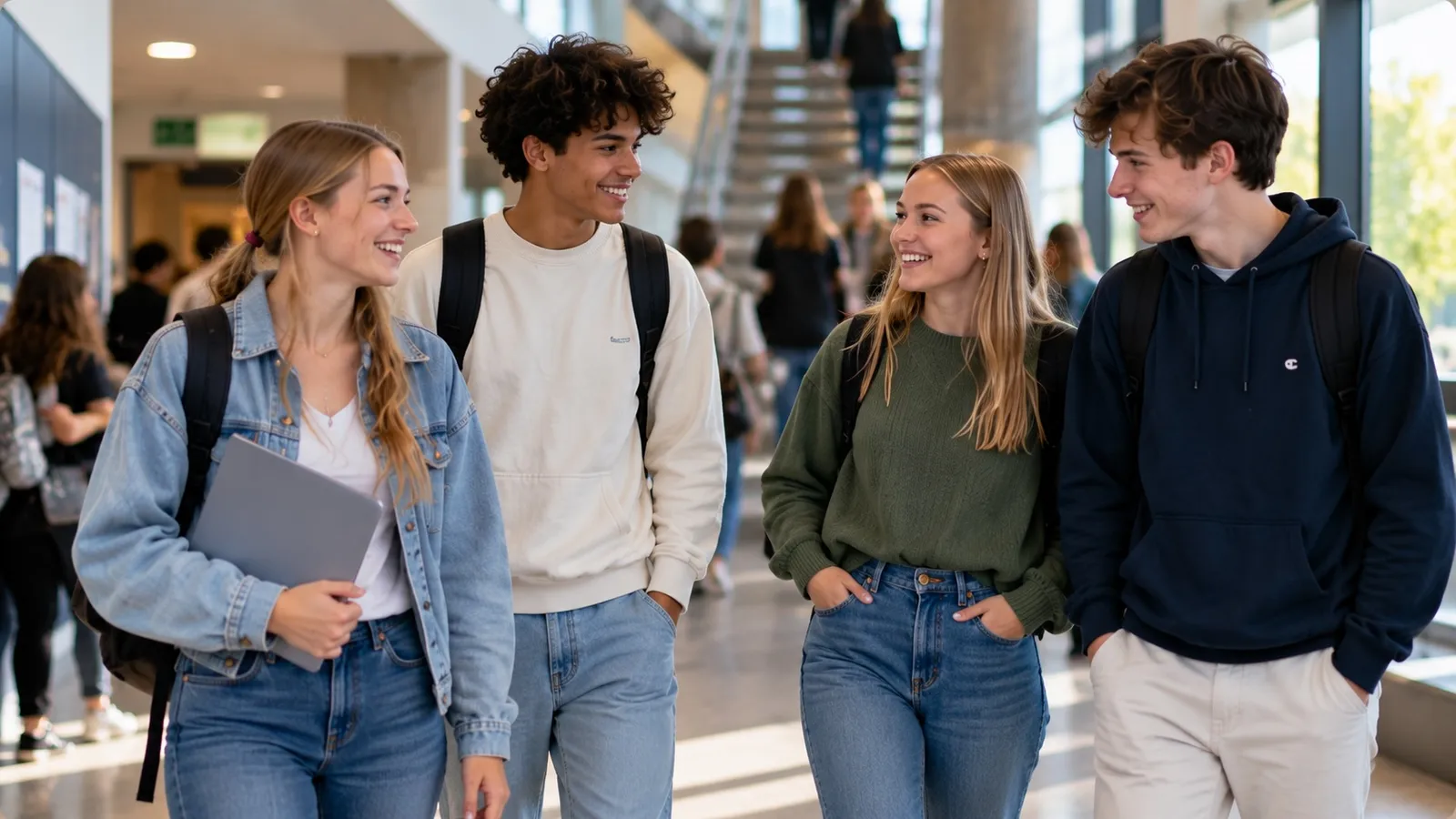 Studenten lopen samen pratend door een lichte schoolgang