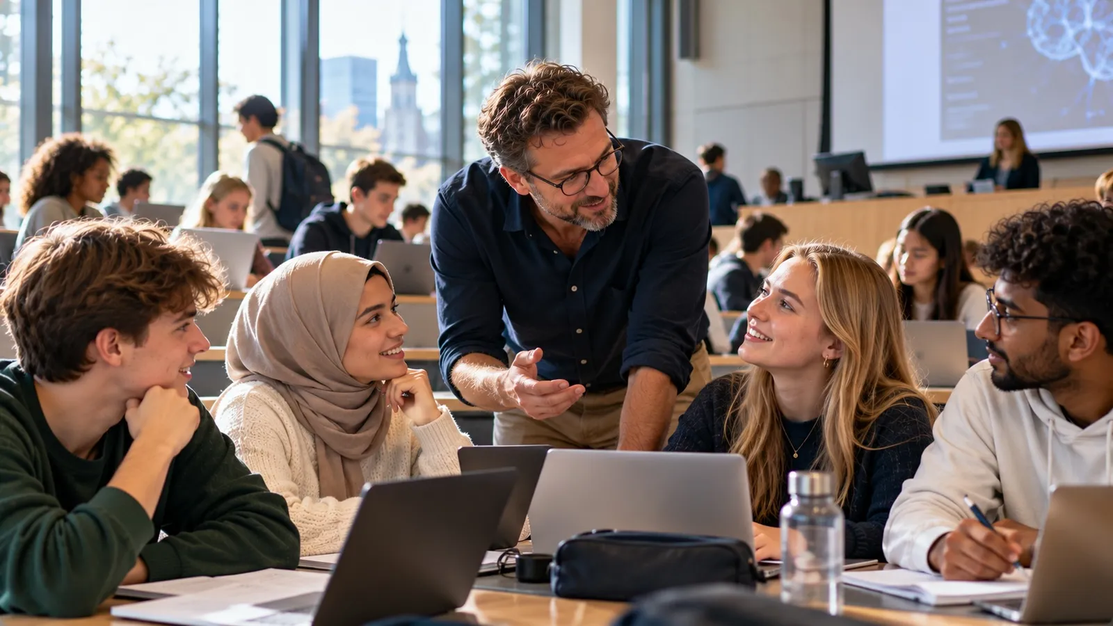 Docent in gesprek met een groep studenten in een collegezaal