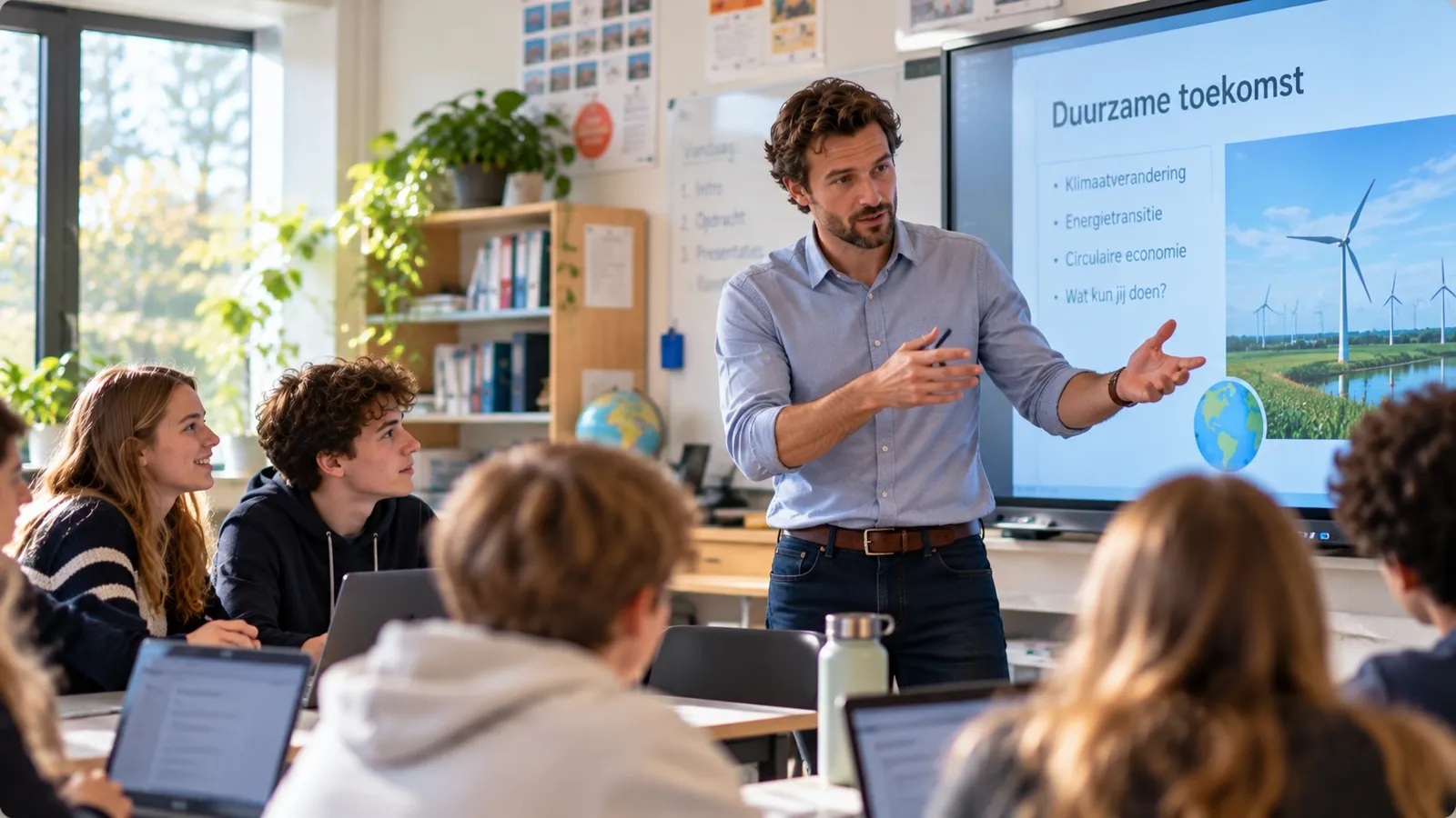 Docent presenteert voor de klas bij een digitaal schoolbord